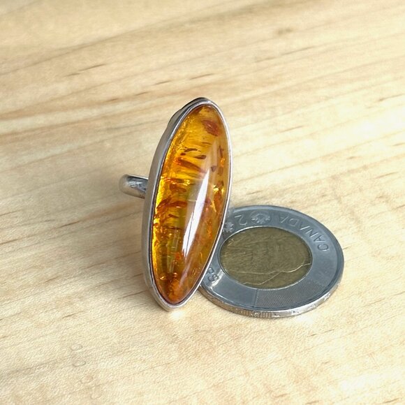 Large Amber & Sterling Silver Statement Ring Artisan Handmade Size 8 - Picture 8 of 16